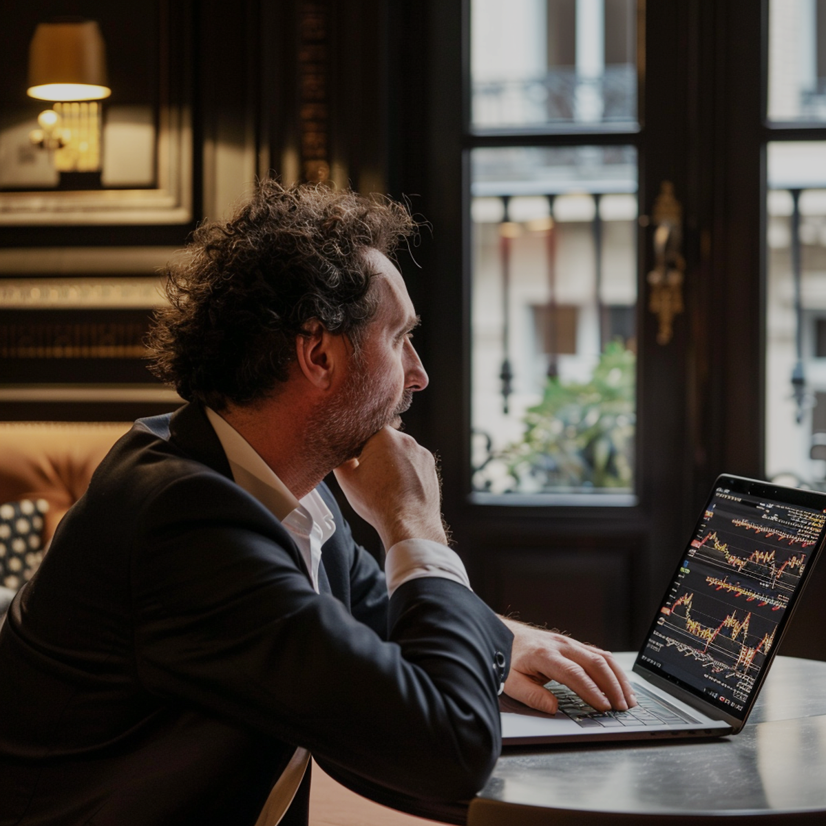 photo d'un homme dans son bureau face à son ordinateur observant les investissements cryptoactifs de son client
