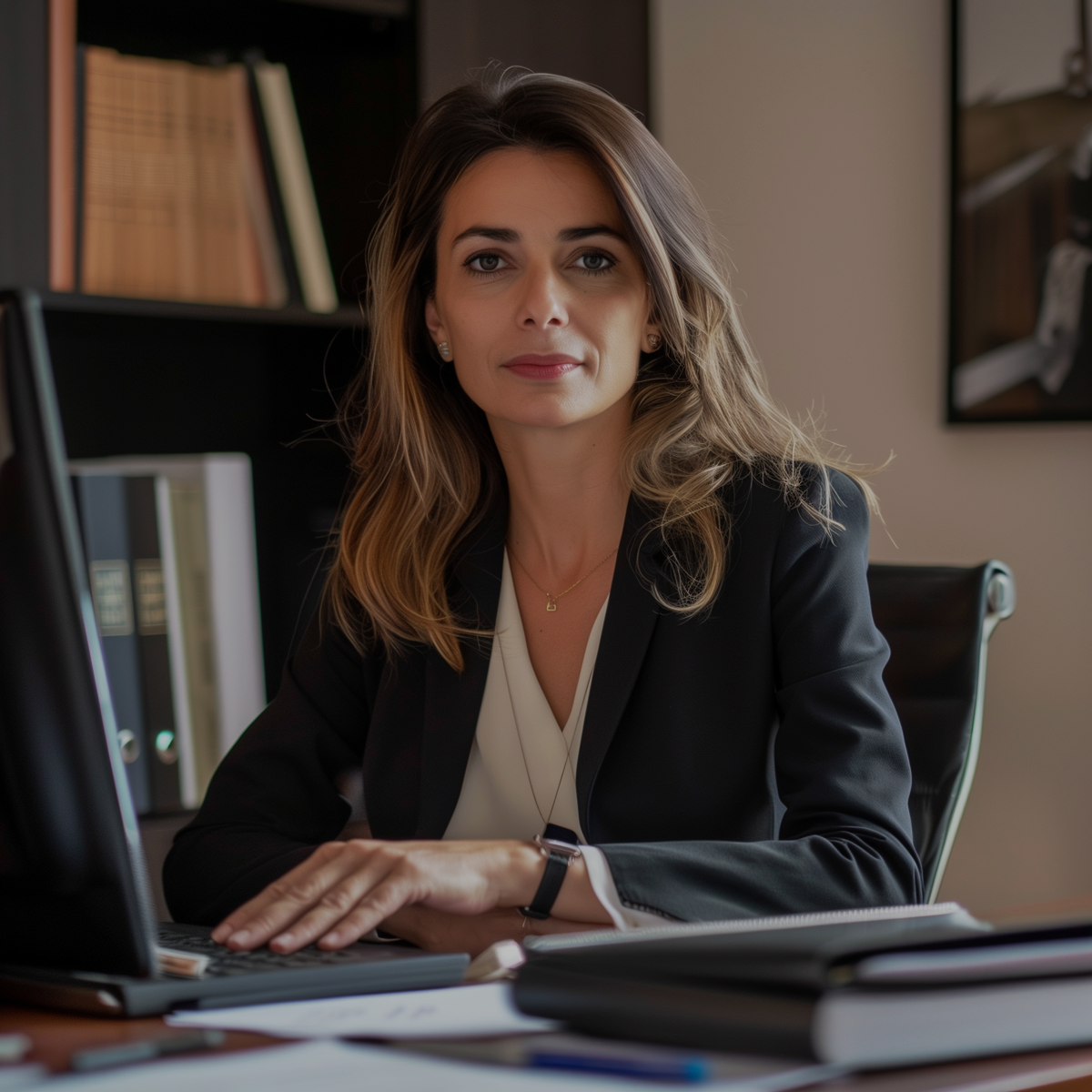 photo d'une femme notaire dans son bureau face caméra