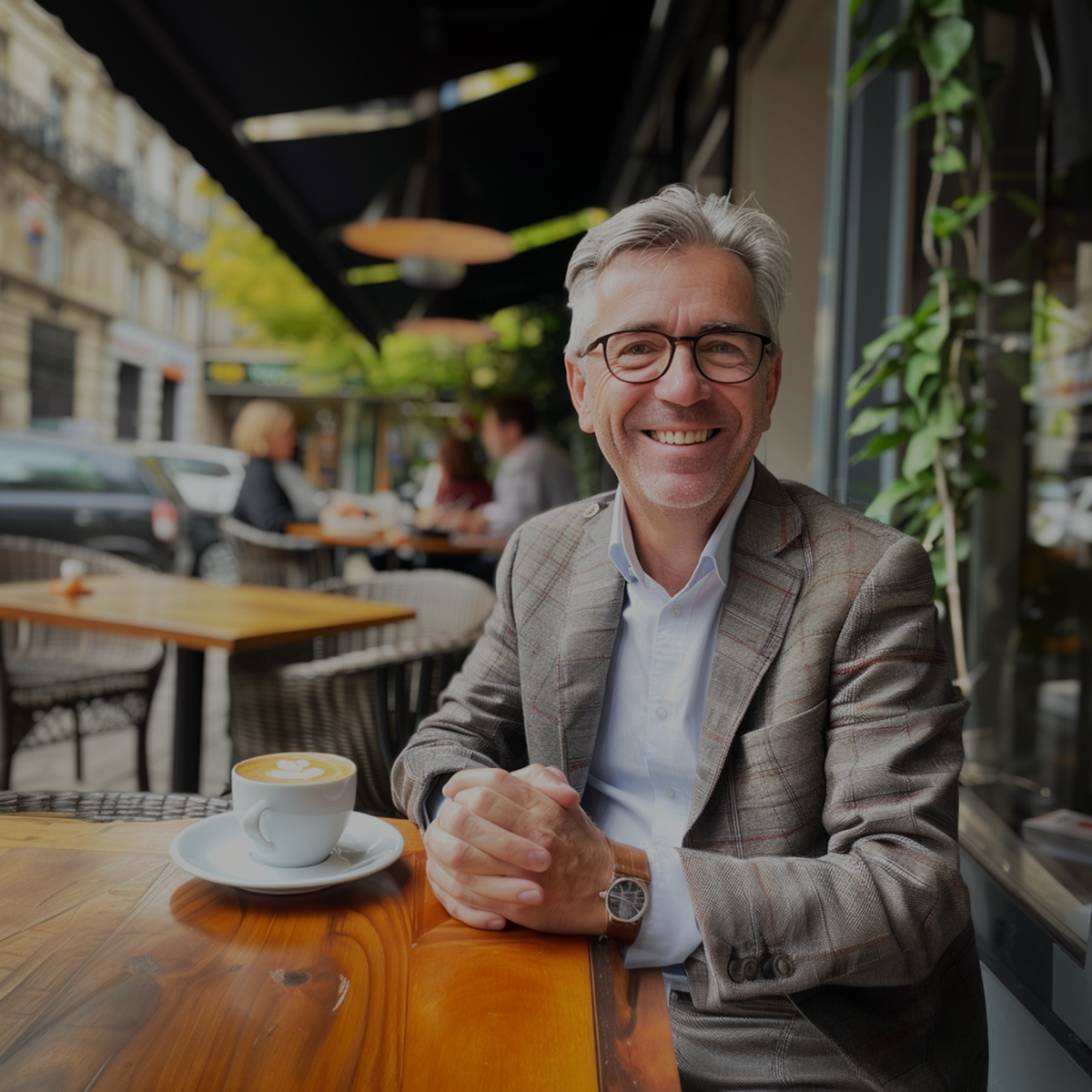photo d'un homme investisseur client souriant sur une terrasse d'un café